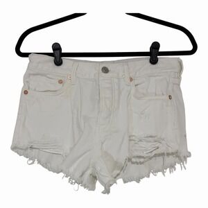 We The Free Mid Rise White Denim Distressed Frayed Shorts Size 25 Festival